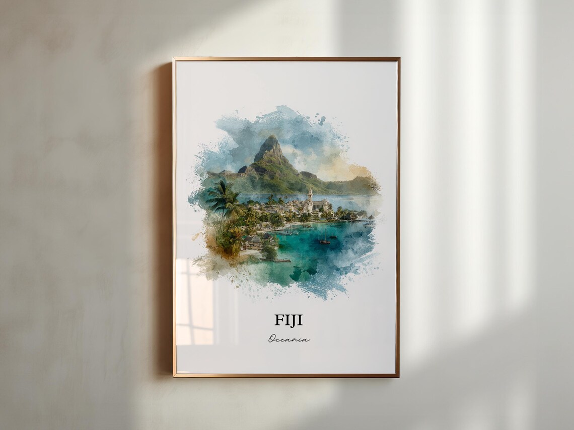Fiji Oceania Tropical Mountain Harbor Town Watercolor Travel Poster - Image 5