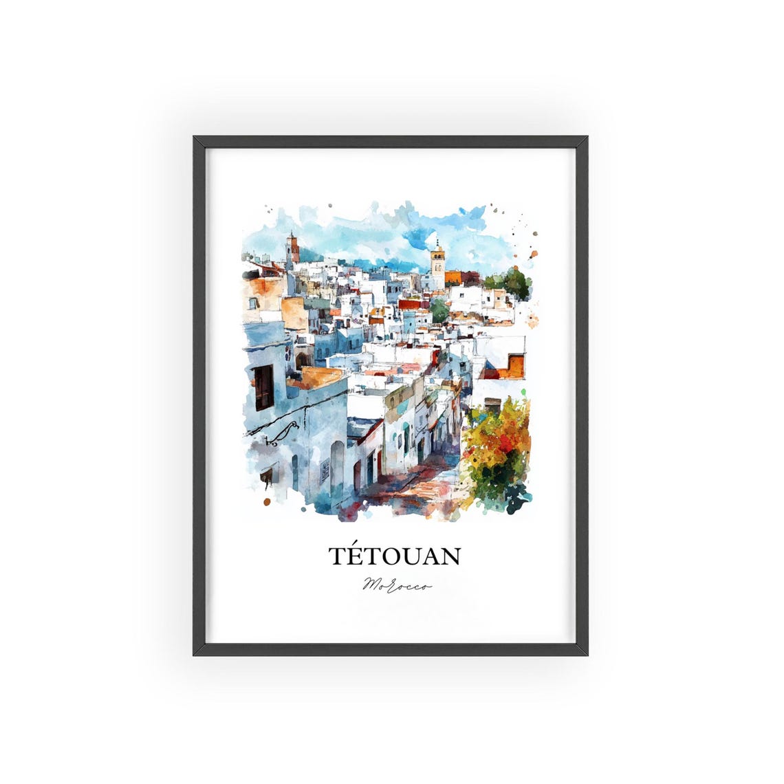 Tetouan Morocco African Watercolor Medina Blue Town Art Poster - Image 2