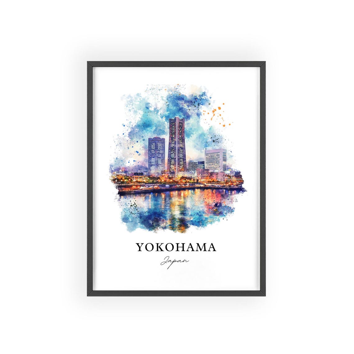 Yokohama Japan Harbor Skyline Night Lights Watercolor Travel Poster