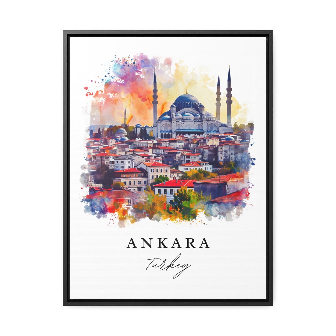 Ankara Turkey Watercolor Mosque Minarets Red Rooftops Art Poster - Image 2