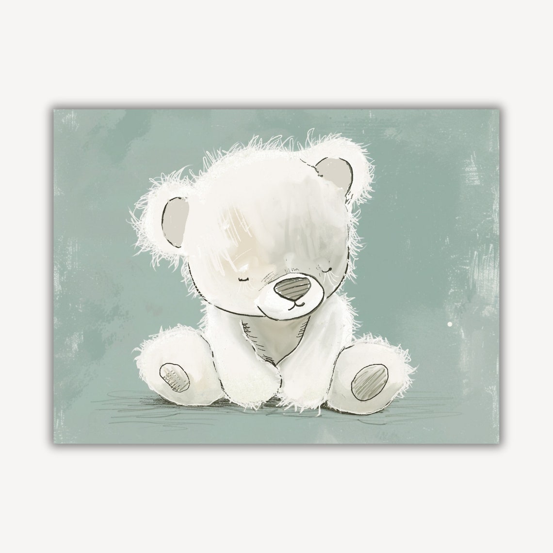 Fluffy White Teddy Bear on Teal Nursery Illustration Art Print - Image 2