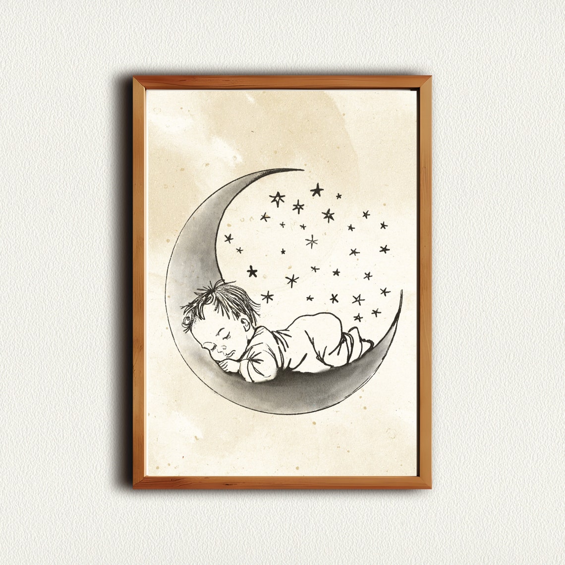 Sleeping Baby on Crescent Moon and Stars Nursery Sketch Poster - Image 2