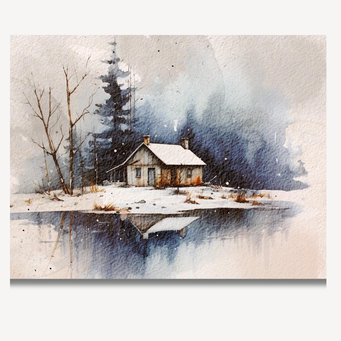 Lakeside Log Cabin Reflection In Snow Winter Watercolor Poster - Image 2