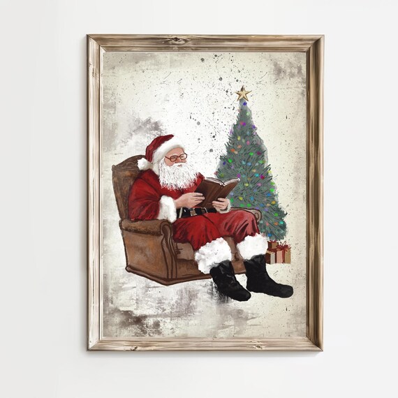 Father Christmas Reading by Christmas Tree Vintage Art Print