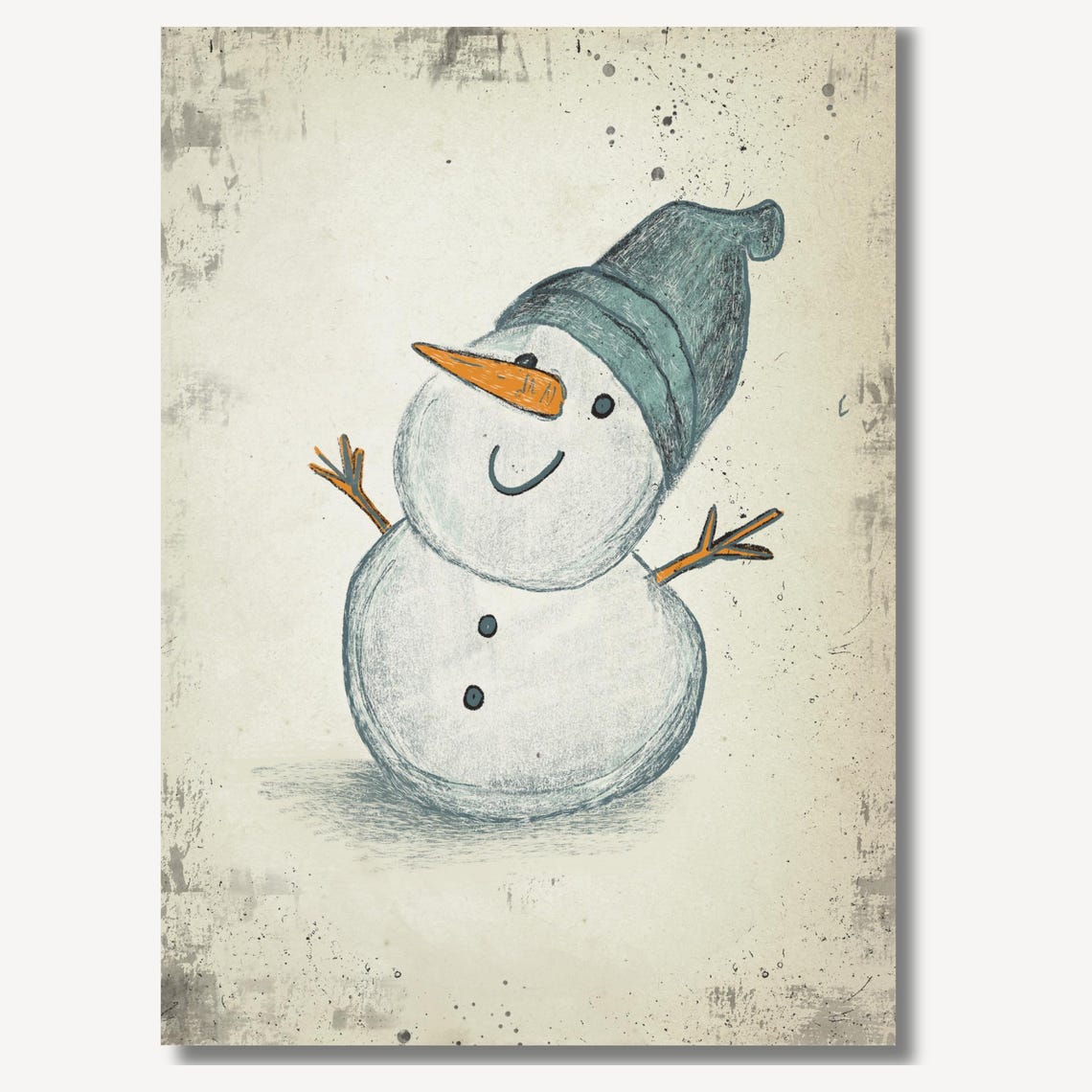 Smiling Snowman in Blue Nightcap Vintage Christmas Art Print - Image 2