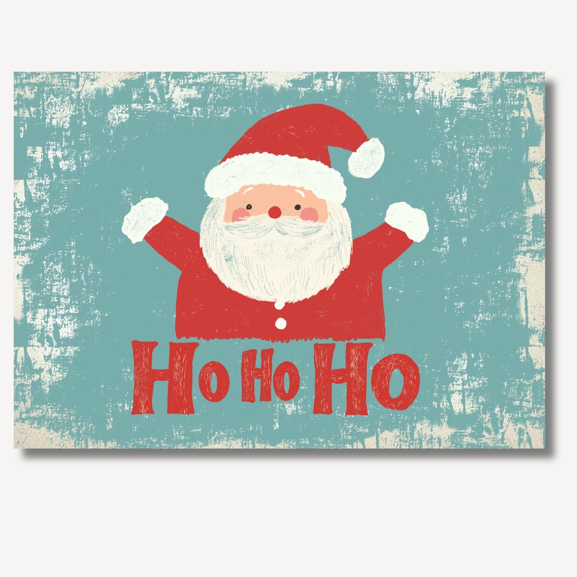Joyful Retro Santa Claus Ho Ho Ho Distressed Teal Christmas Poster - Image 2