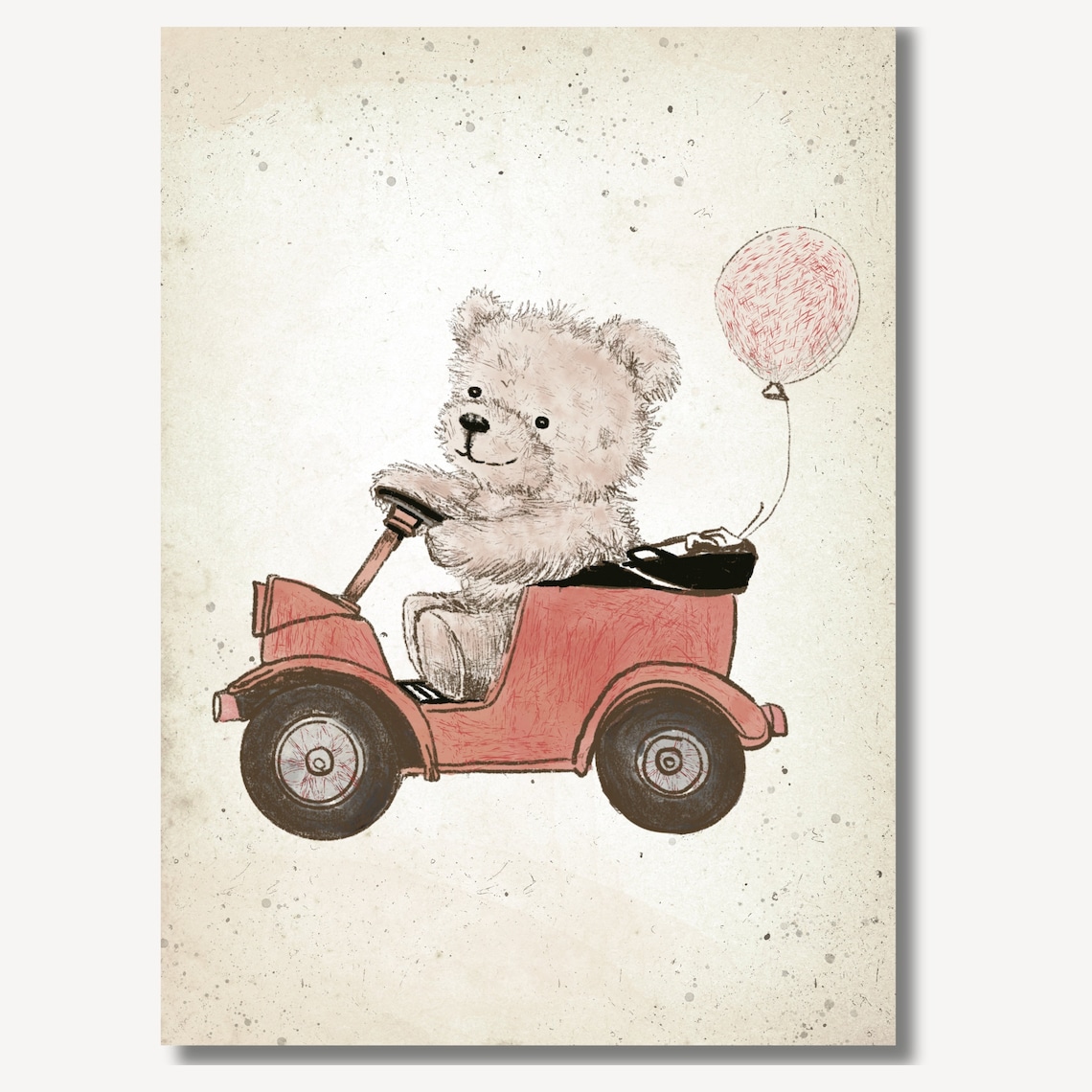 Teddy Bear Driving Red Car With Balloon Sketch Nursery Poster - Image 2