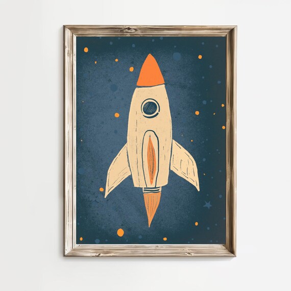 Vintage Cream Rocket Ship Nursery Outer Space Cartoon Art Poster
