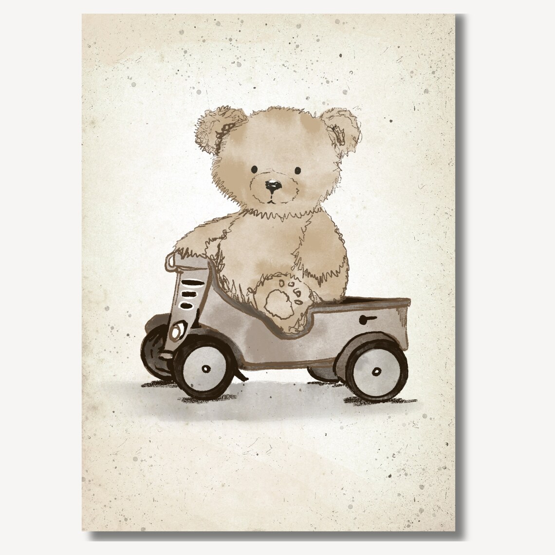 Teddy Bear Driving Vintage Car Sketch Nursery Toy Art Poster - Image 2