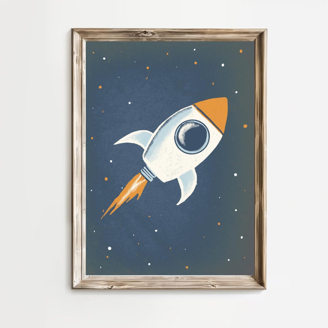 Vintage White Rocket Ship Blast Off Nursery Outer Space Poster