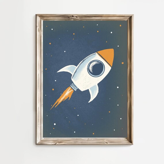 Vintage White Rocket Ship Blast Off Nursery Outer Space Poster