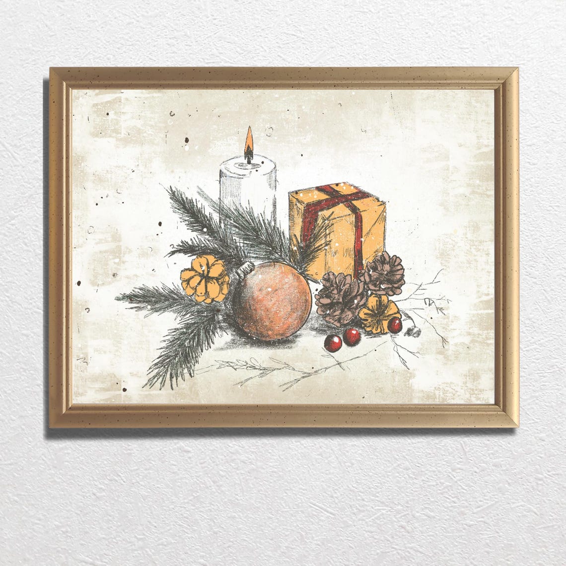 Lit Candle Gift Box Bauble Pinecones Rustic Christmas Art Poster - Image 3