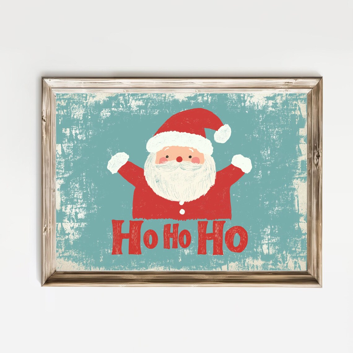 Joyful Retro Santa Claus Ho Ho Ho Distressed Teal Christmas Poster