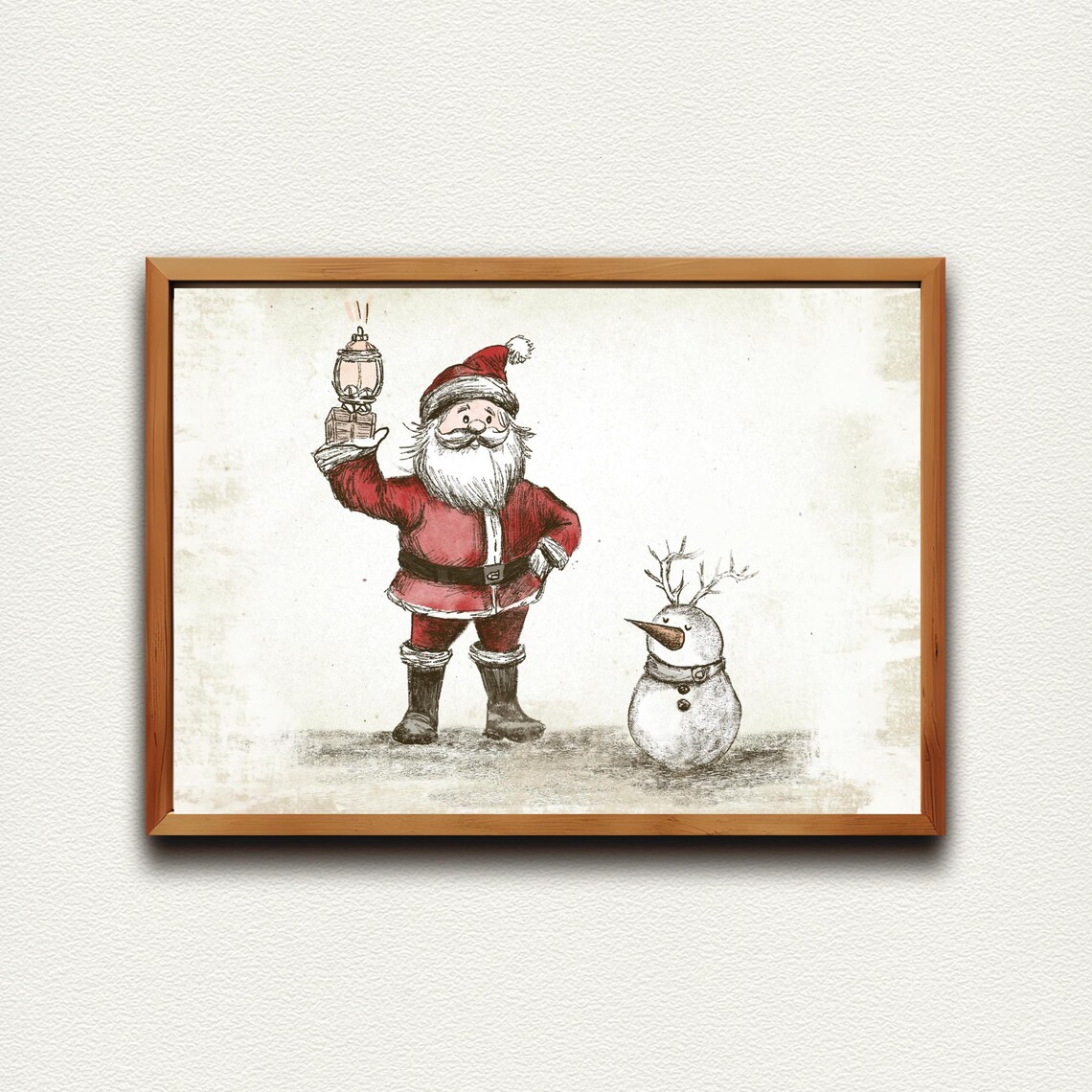Santa With Glowing Lantern and Gifts Beside Little Snowman Poster - Image 4