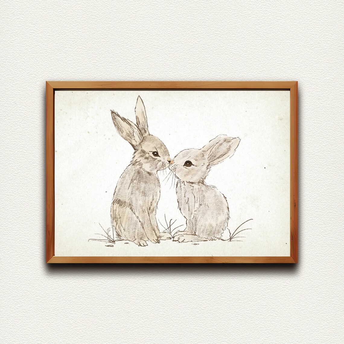 Two Vintage Bunny Rabbits Nose to Nose Nursery Sketch Poster