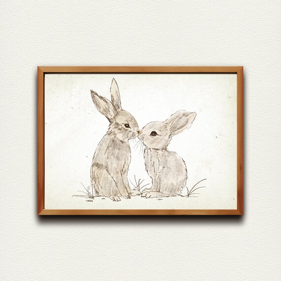 Two Vintage Bunny Rabbits Nose to Nose Nursery Sketch Poster