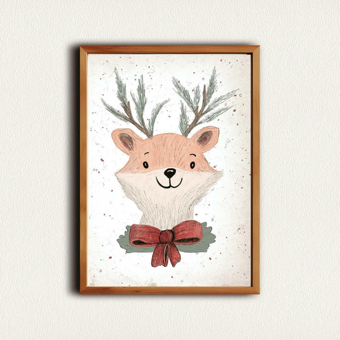 Cute Christmas Reindeer Red Bow Pine Sprig Antlers Kids Wall Art - Image 4