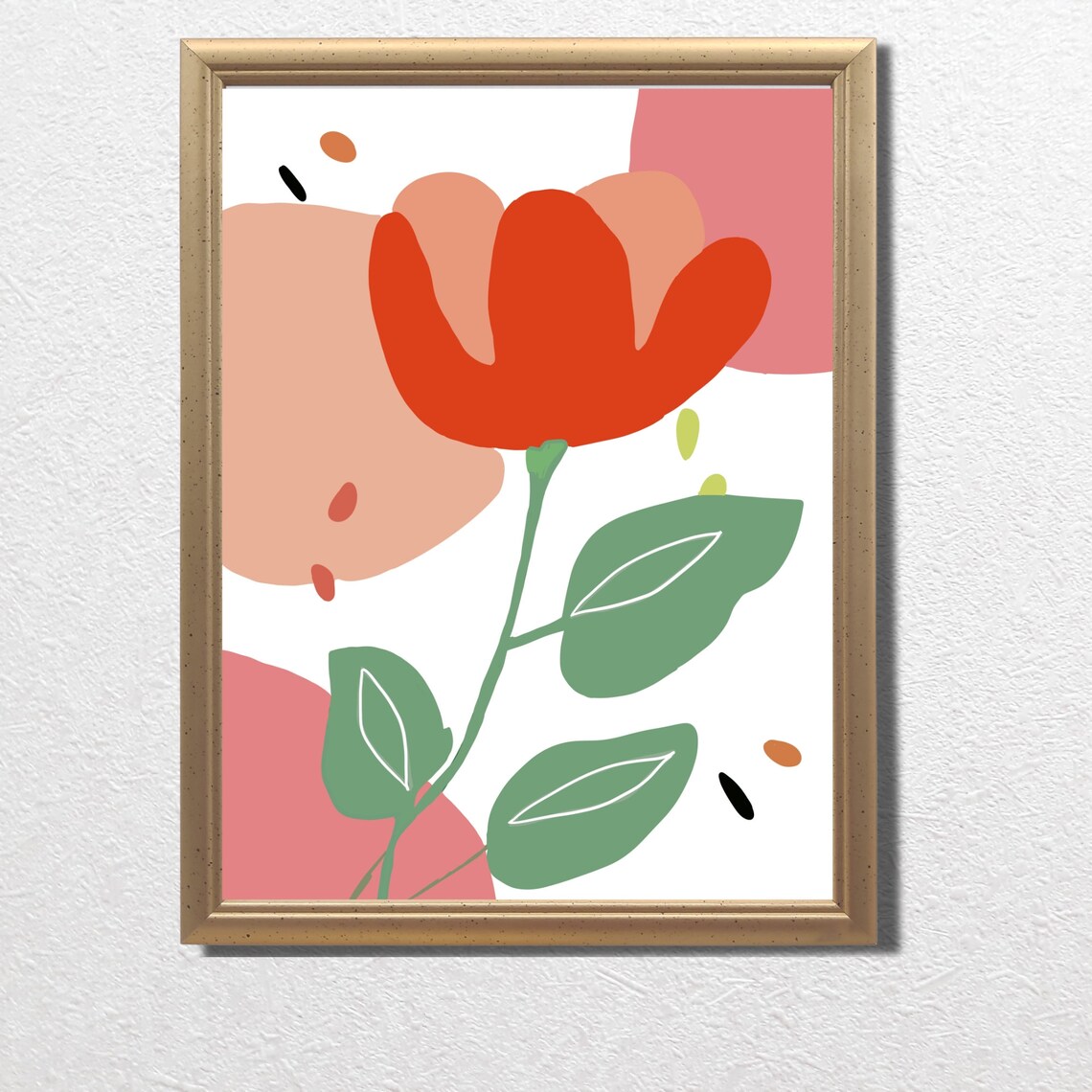Bold Red-Orange Poppy Abstract Bloom Green Leaves Floral Poster - Image 4