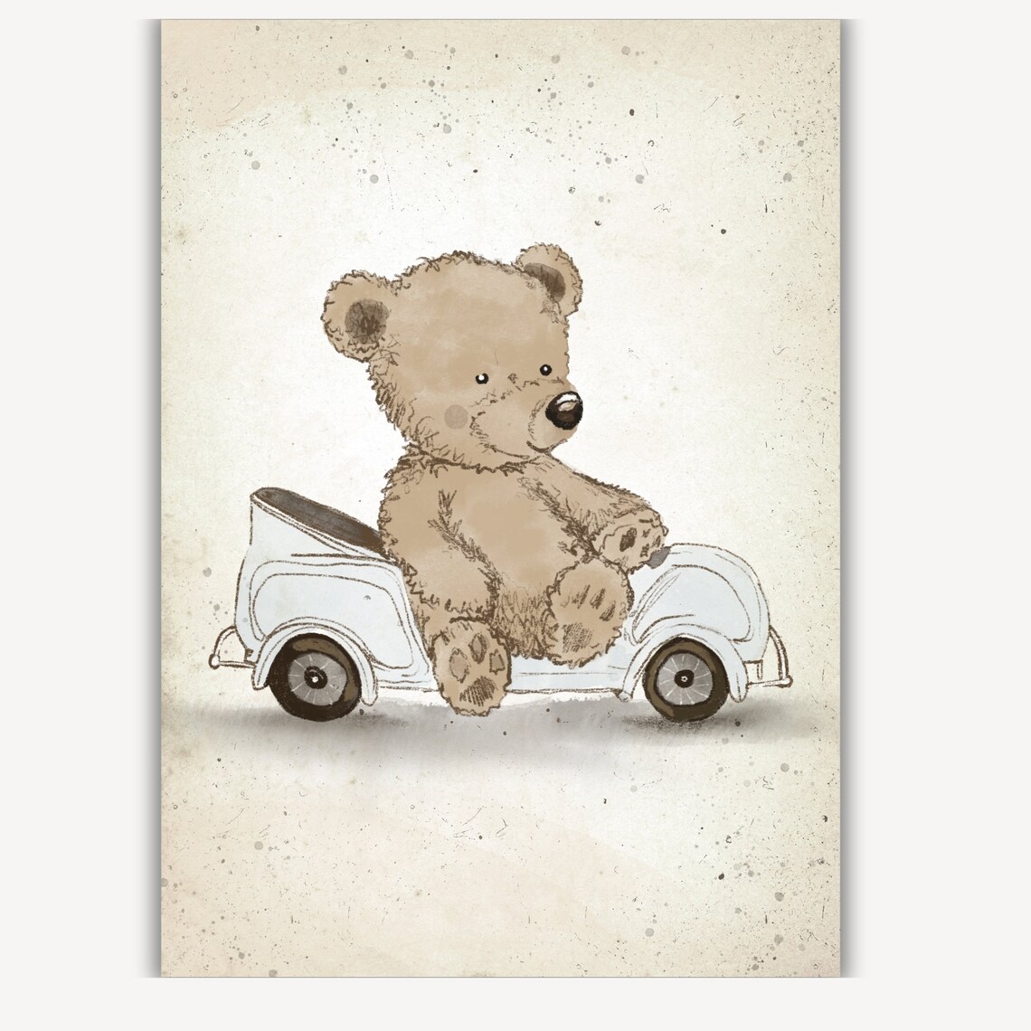Teddy Bear In White Vintage Toy Car Sketch Nursery Room Poster - Image 2