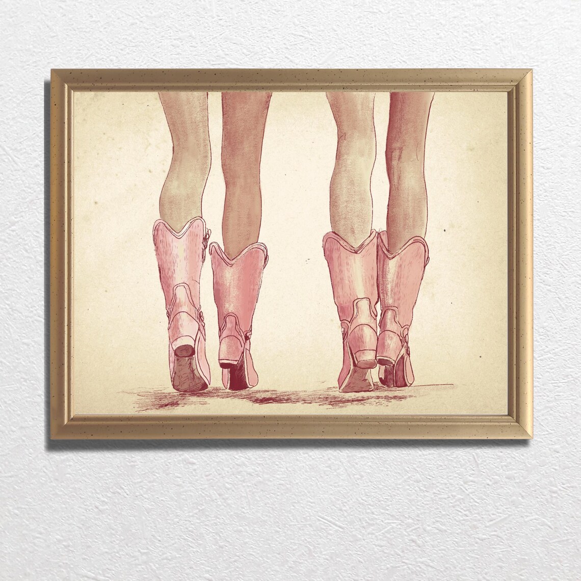 Pink Cowgirl Boots Walking Away Western Sketch Decor Wall Art - Image 3