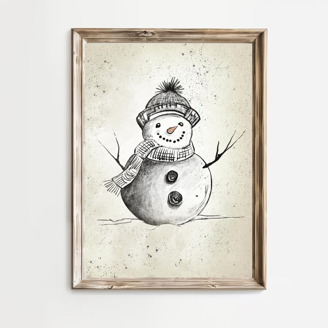 Snowman in Knit Pom Hat and Cozy Plaid Scarf Vintage Art Poster