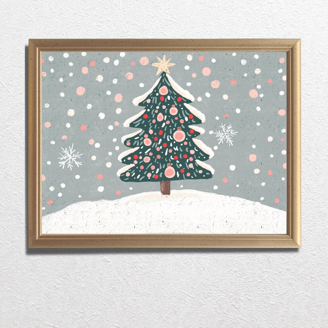 Snowy Christmas Tree Pink Ornaments Star Kids Holiday Winter Print - Image 3