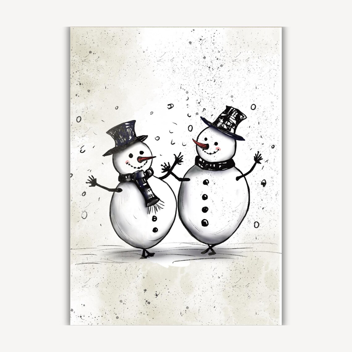 Two Joyful Snowmen Standing Arm in Arm Winter Watercolor Poster - Image 2