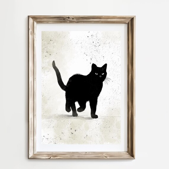 Black Cat Walking Toward Viewer With Tail Up in Ink Art Poster