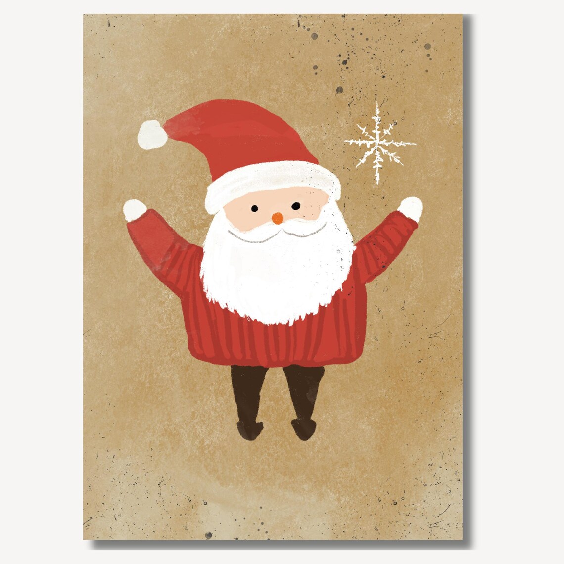 Cheerful Santa Claus Arms Raised Snowflake Vintage Christmas Print - Image 2