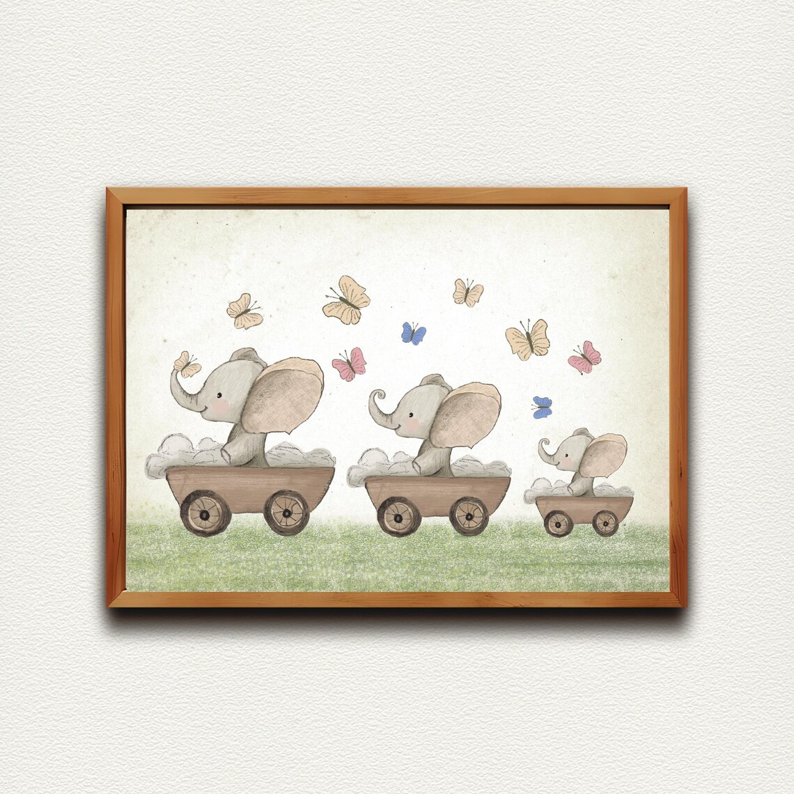 Three Baby Elephants in Wooden Carts With Butterflies Poster - Image 4