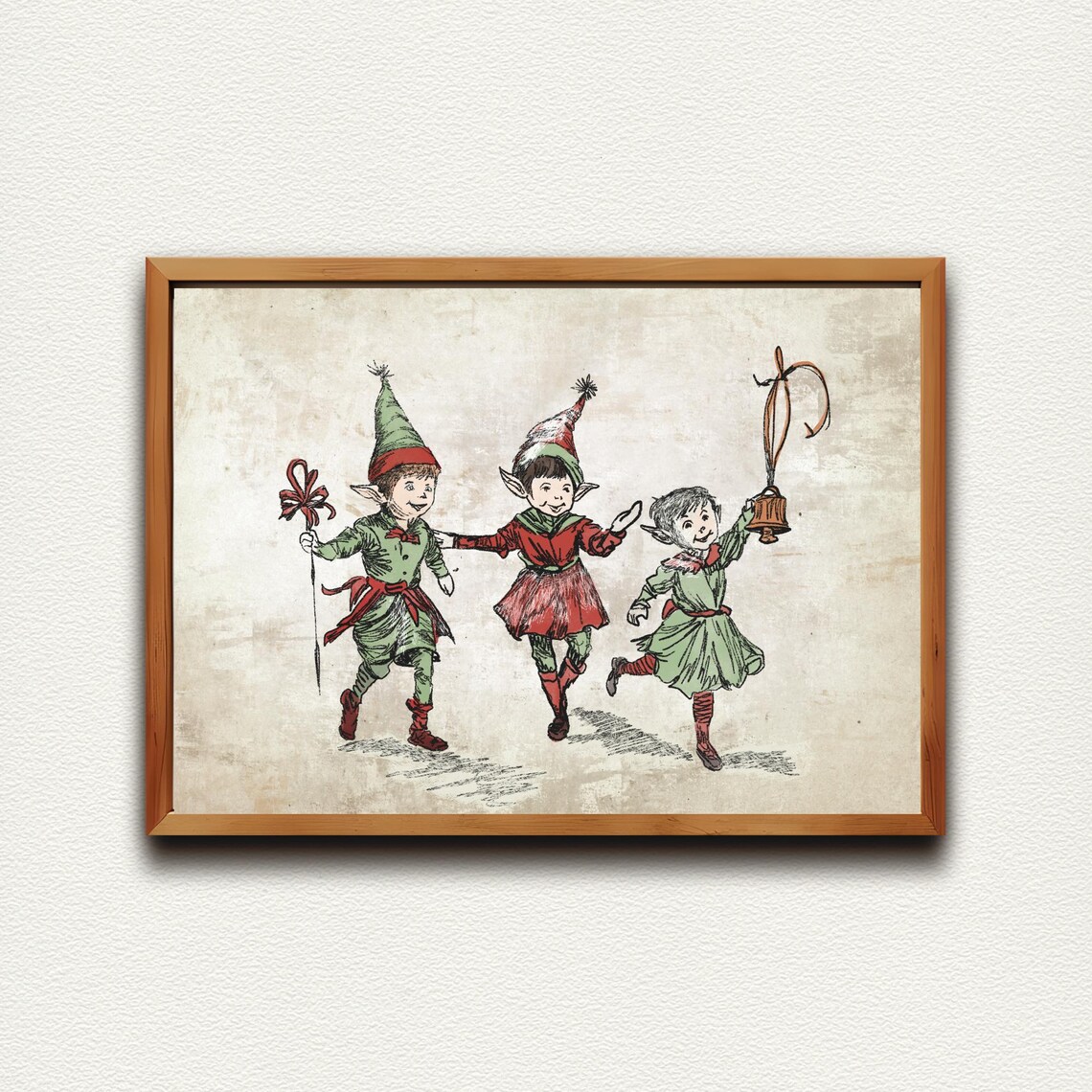 Three Merry Christmas Elves Walking Together Vintage Holiday Poster - Image 4