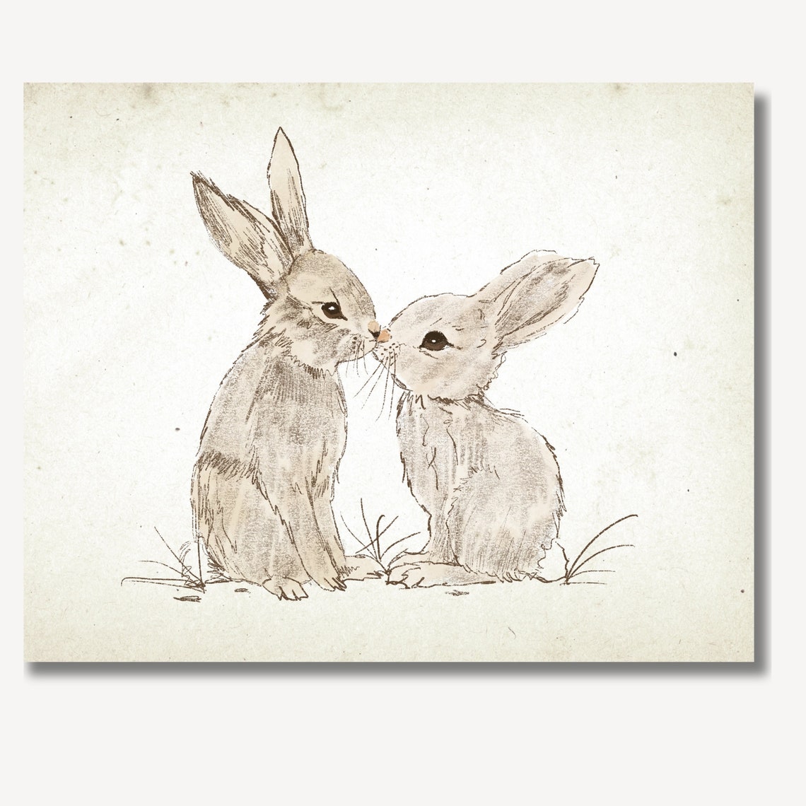 Two Vintage Bunny Rabbits Nose to Nose Nursery Sketch Poster - Image 3