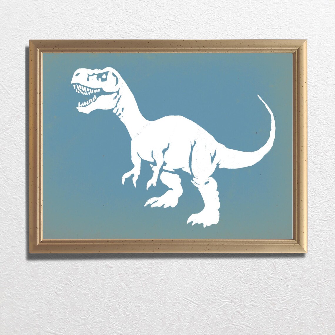 T Rex Dinosaur White Silhouette Blue Nursery Boys Room Art Poster - Image 3