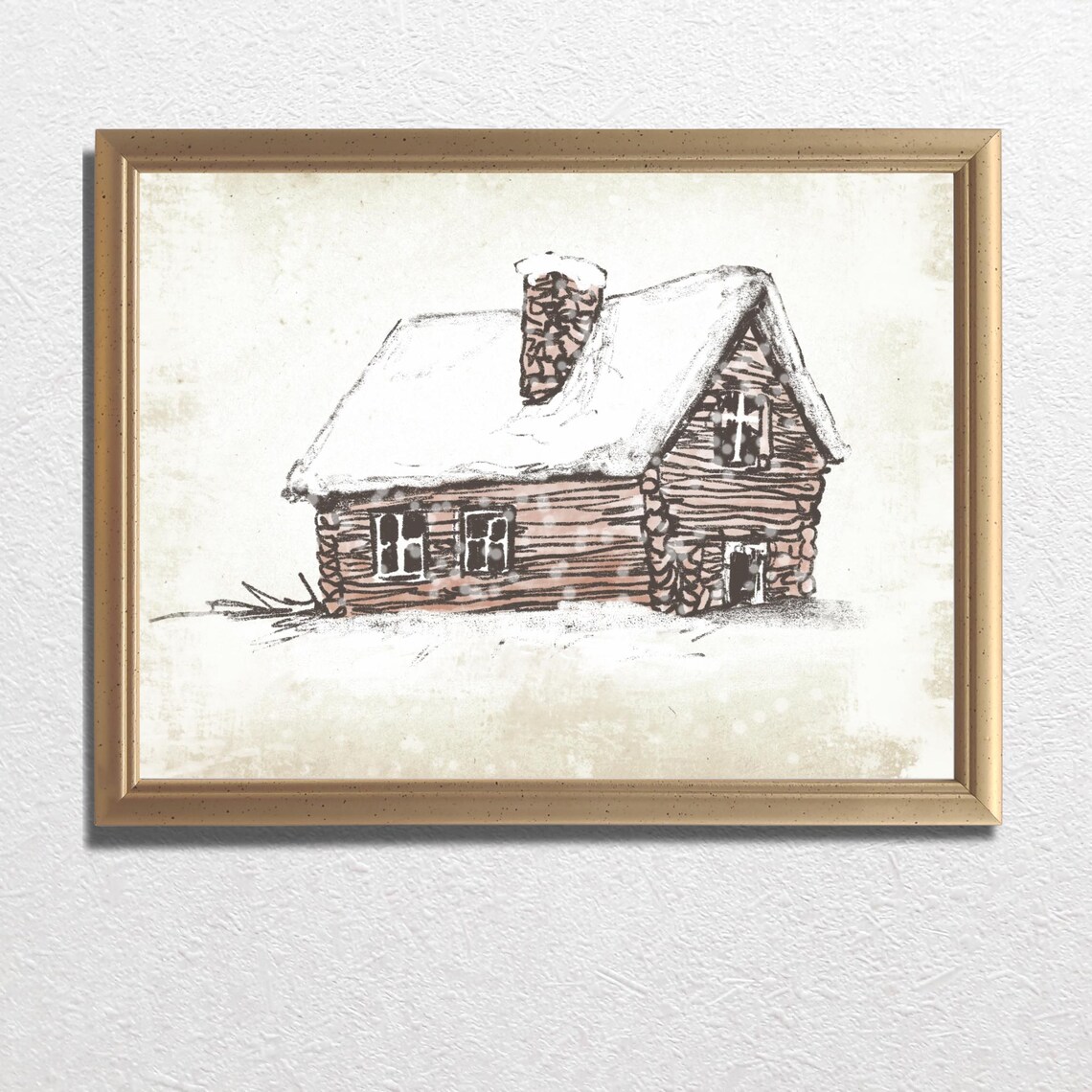 Snow Covered Rustic Log Cabin Winter Watercolor Sketch Poster - Image 3