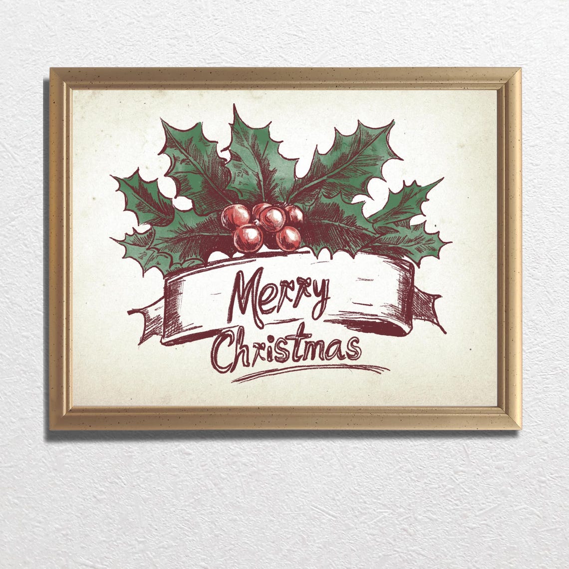 Merry Christmas Ribbon Banner With Holly Berries Vintage Poster - Image 3