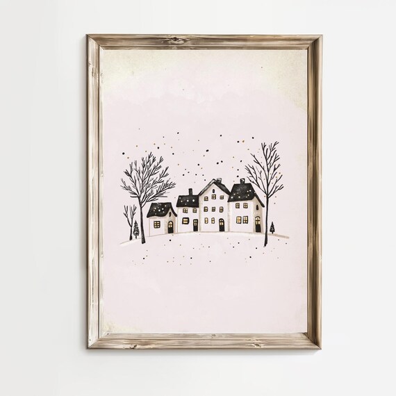 Snowy Christmas Village Houses Falling Snow Minimal Wall Art