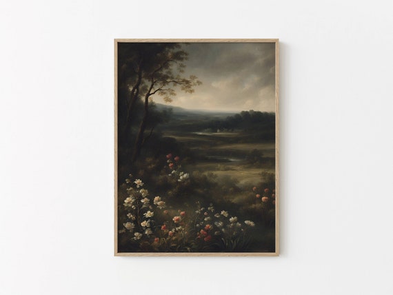 Moody Flower Landscape Print Painting Vintage Art Dark Antique Scenery