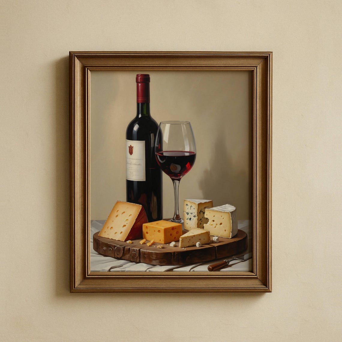 Red Wine and Cheese Board Still Life Farmhouse Kitchen Print