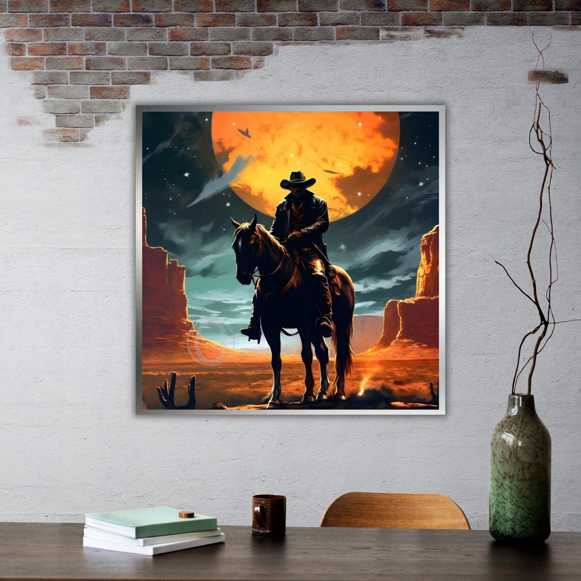 Cowboy Horse Silhouette Giant Orange Moon Desert Canyon Wall Art - Image 2