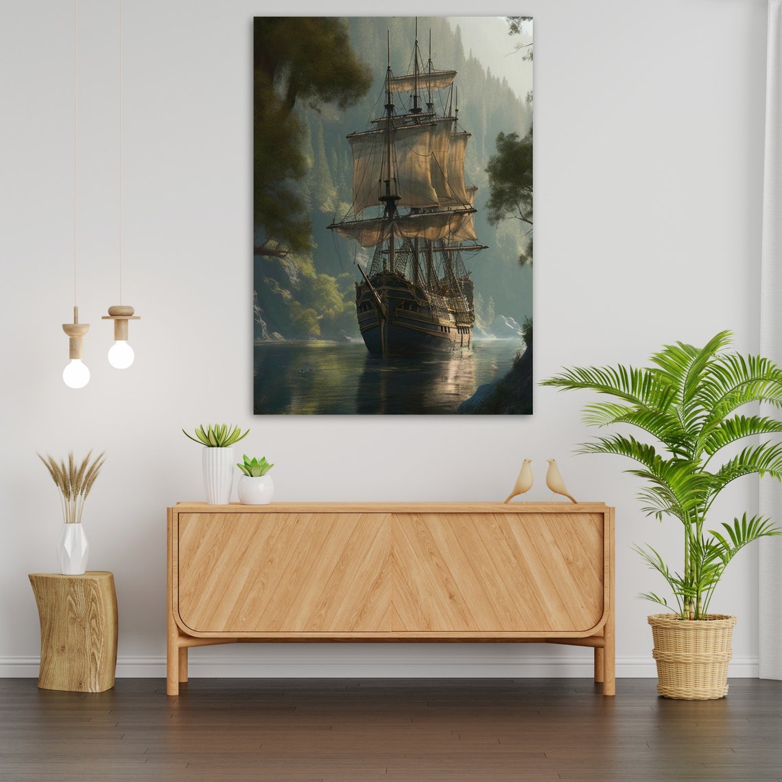 Majestic Tall Ship Sailing Through Misty Forest River Nautical Poster - Image 3