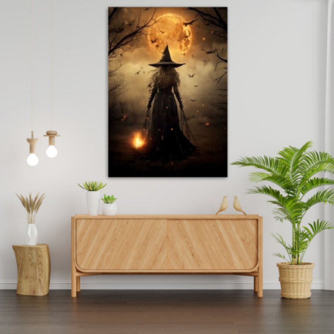 Lonely Witch Under Golden Moonlit Sky Bats Haunted Night Halloween Art Print - Image 4