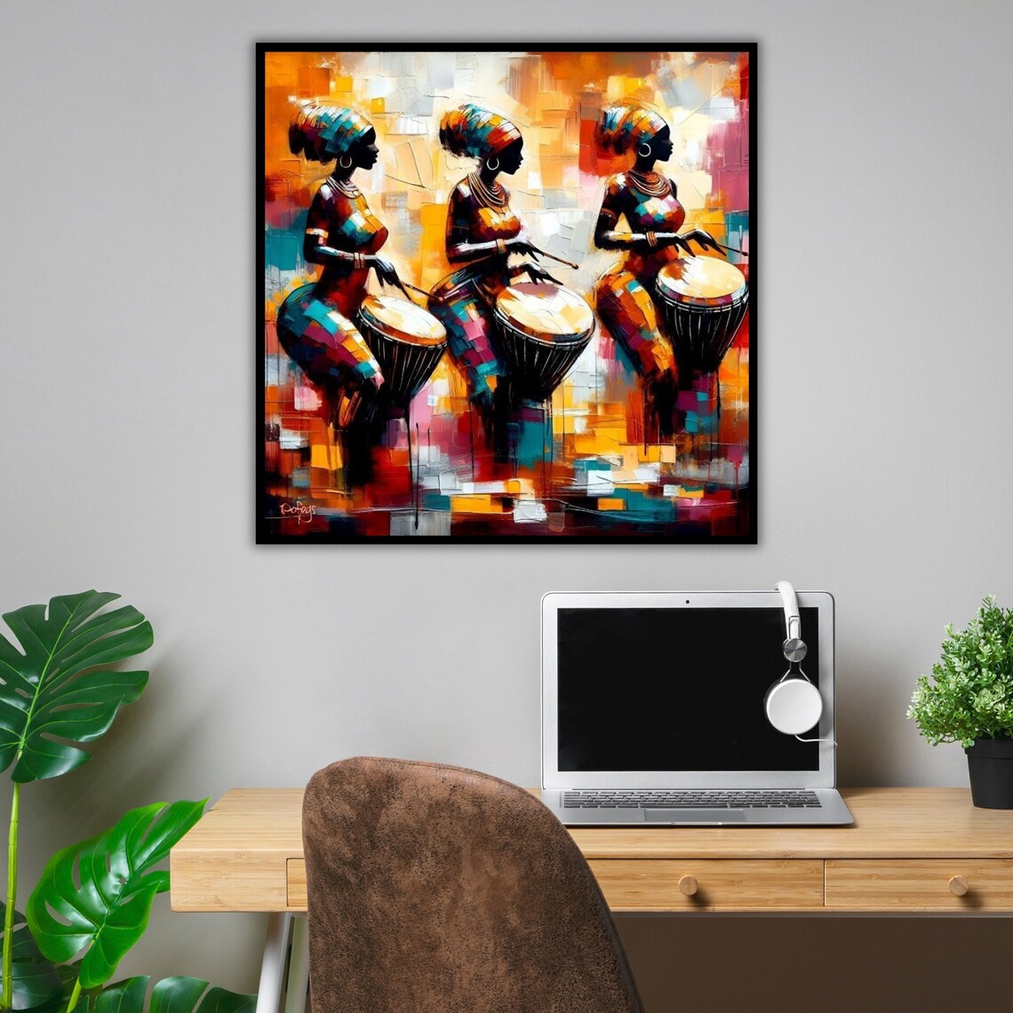 African Women Djembe Drummers Mosaic Palette Knife Music Wall Art - Image 4