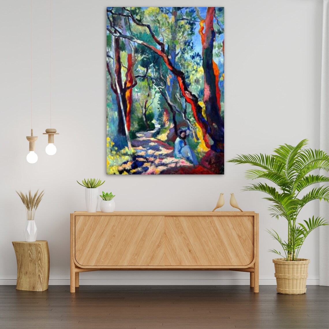 Fauvist Forest Path Woman Seated Red Trunk Trees Sunlight Print - Image 3