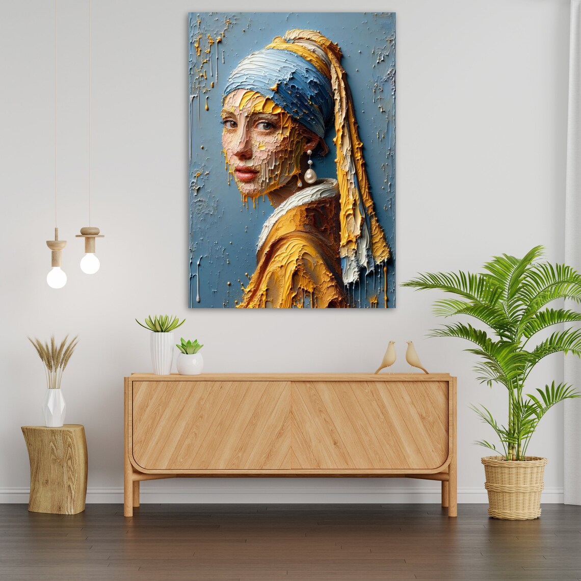 Vermeer Girl With A Pearl Earring Textured Impasto Blue Gold Art Print - Image 3