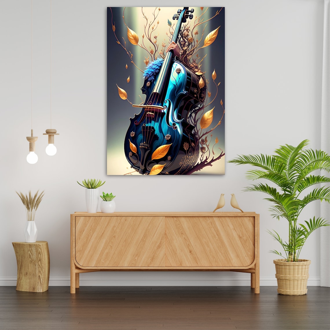 Fantasy Blue Double Bass With Golden Branches And Leaves Music Wall Art - Image 3