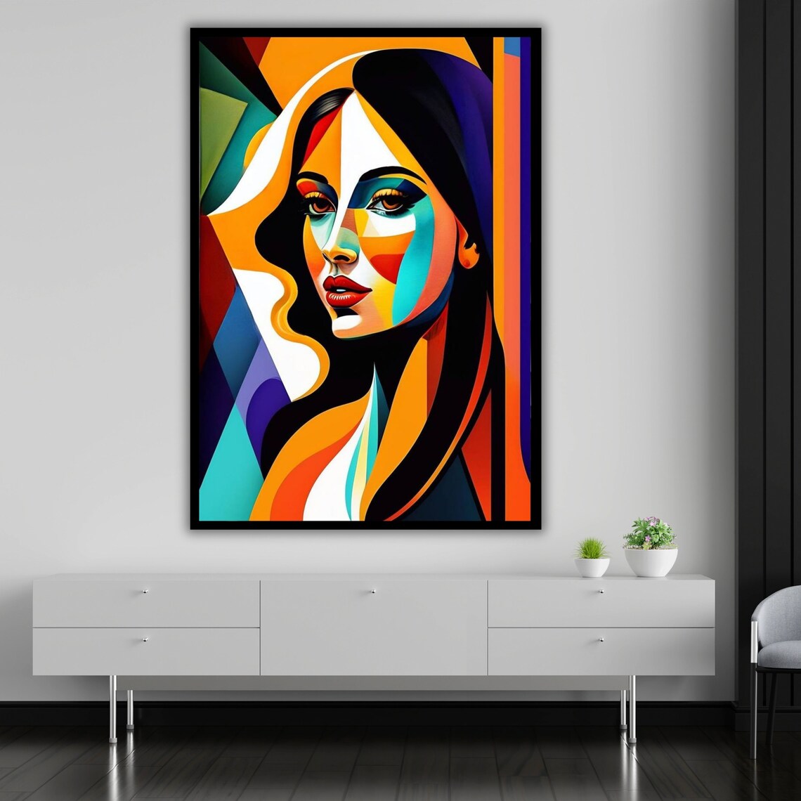 Geometric Cubist Woman Portrait Bold Orange Teal Abstract Poster - Image 4