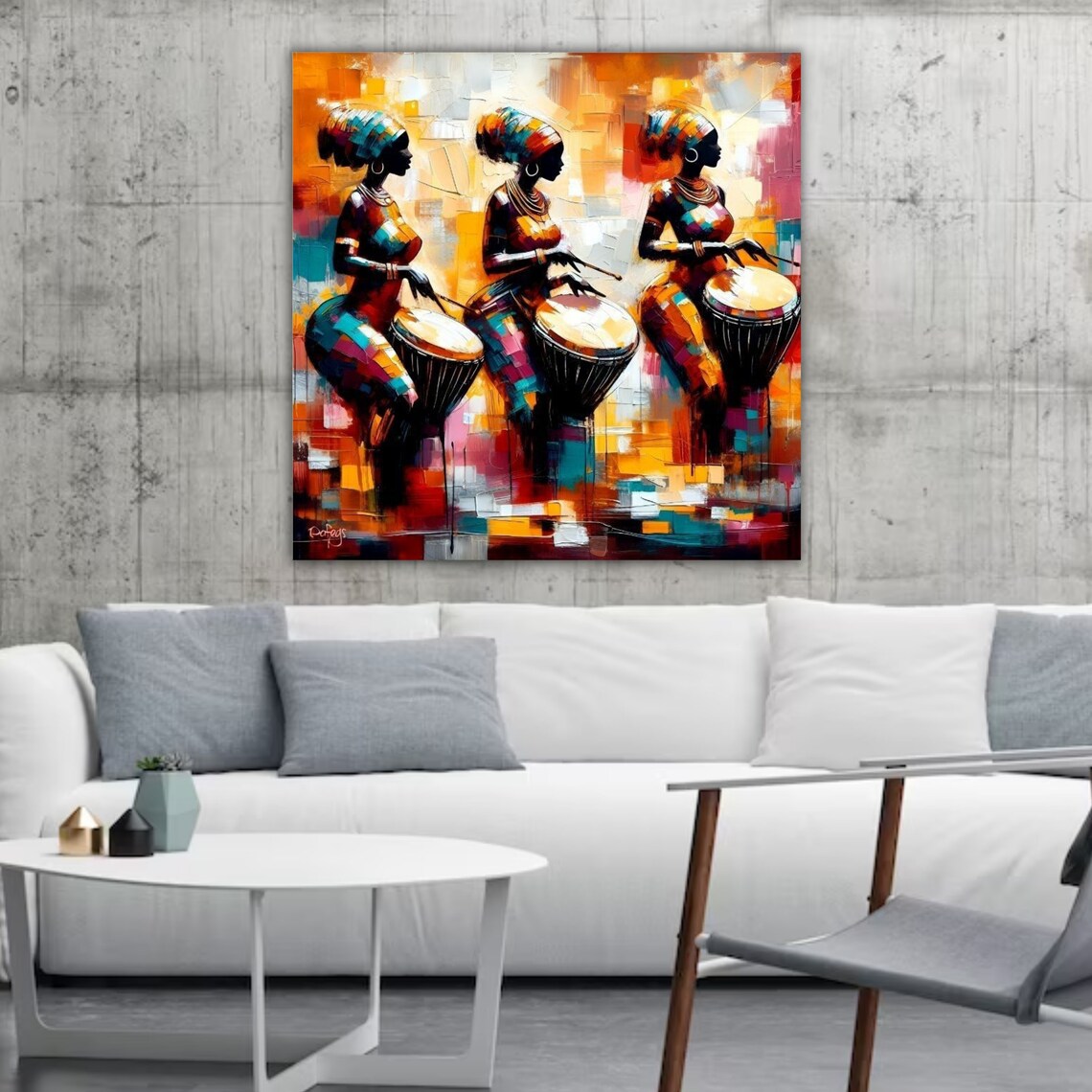 African Women Djembe Drummers Mosaic Palette Knife Music Wall Art - Image 5