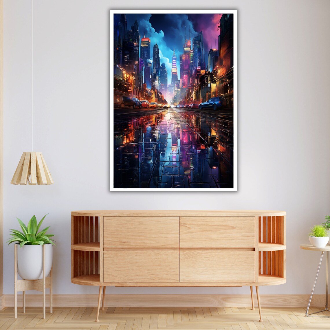 Neon City Street Night Skyscrapers Wet Reflections Cyberpunk Poster - Image 3