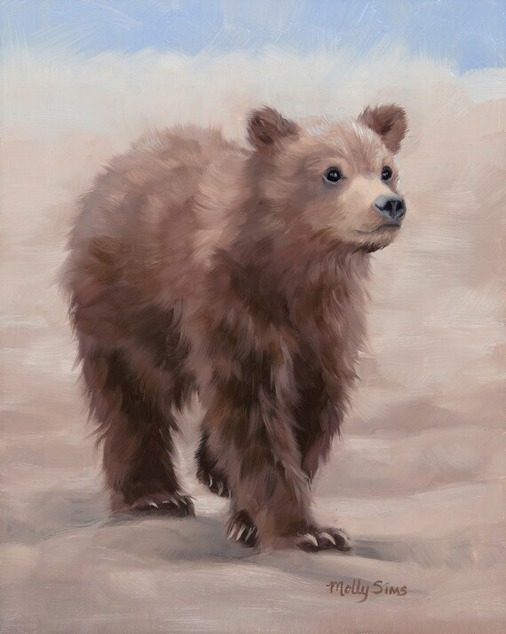 Fluffy Brown Bear Cub Walking on Sand Oil Painting Wildlife Poster