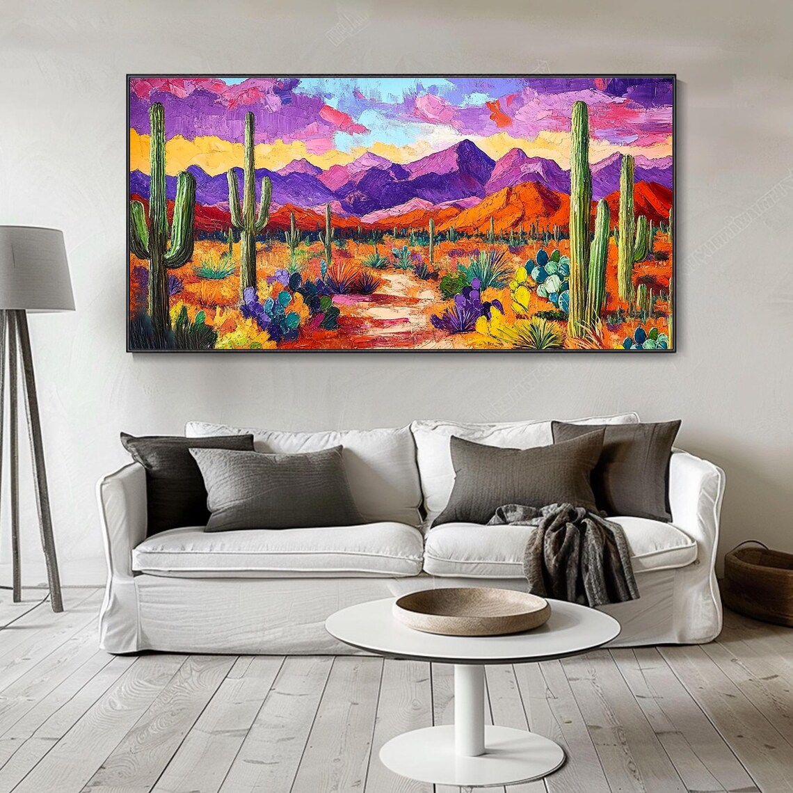 Vibrant Saguaro Desert Purple Mountains Wildflower Impasto Art Poster - Image 4